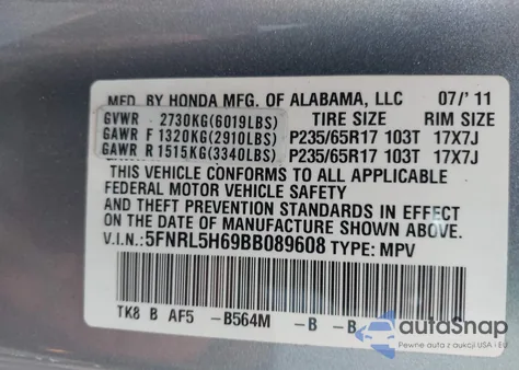 2011 Honda Odyssey Ex-L z USA, uszkodzony, nr VIN 5FNRL5H69BB089608